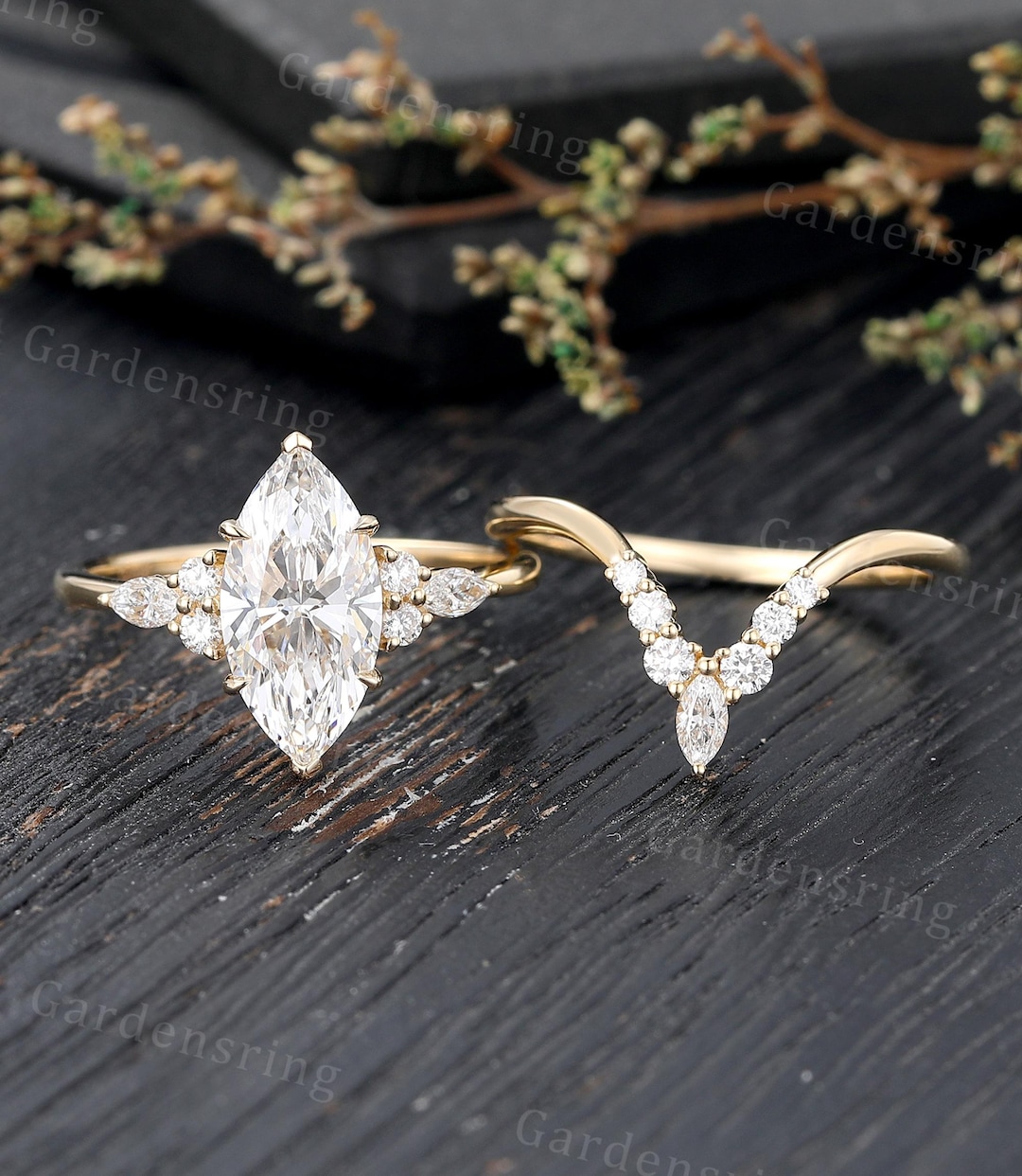 Marquise Cut Lab Grown Diamond Engagement Ring Set Vintage Solid Gold ...