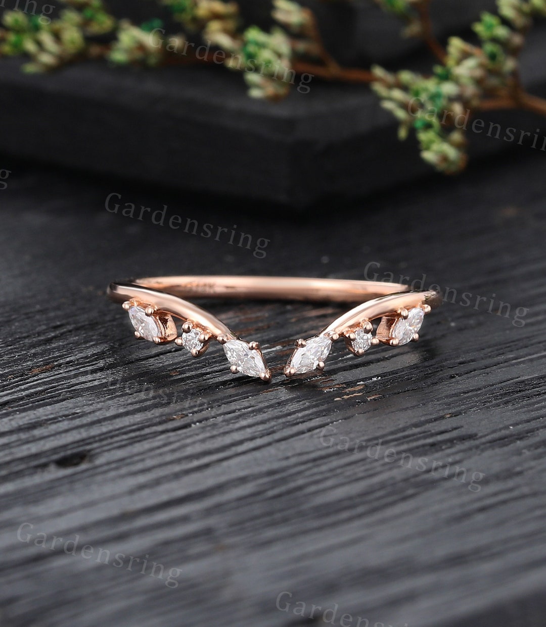 Marquise Cut Moissanite Open Wedding Band Vintage Rose Gold Ring ...