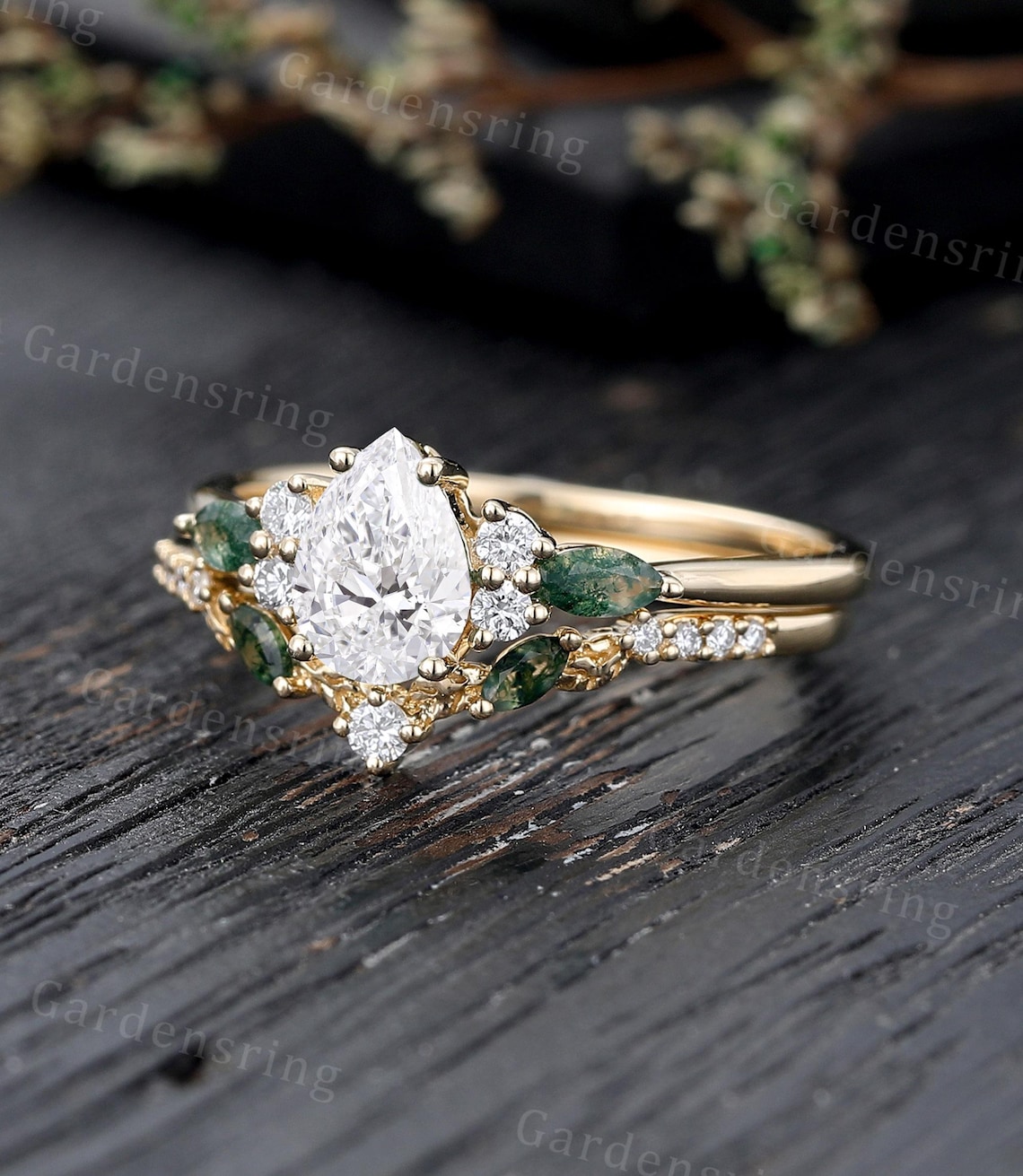 Pear Shaped Lab Grown Diamond Engagement Ring Set Vintage 14k Gold ...