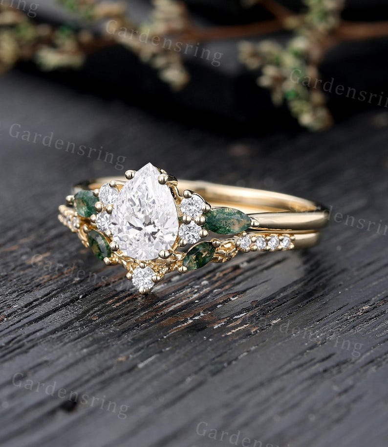 Pear Shaped Lab Grown Diamond Engagement Ring Set Vintage 14k Gold ...
