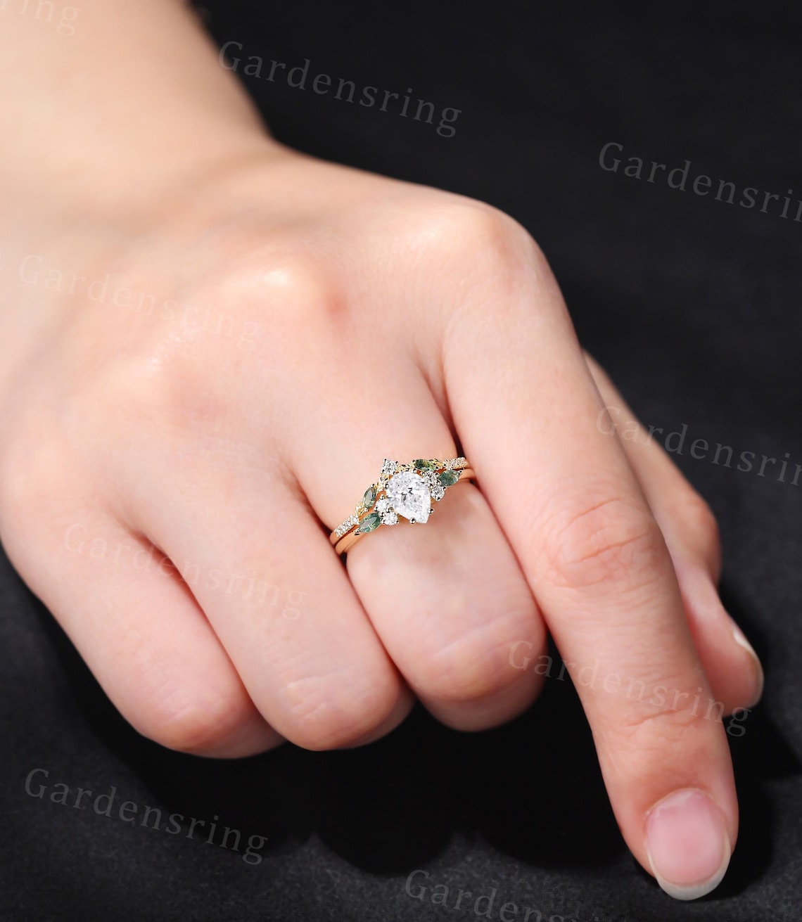 Pear Shaped Lab Grown Diamond Engagement Ring Set Vintage 14k Gold ...