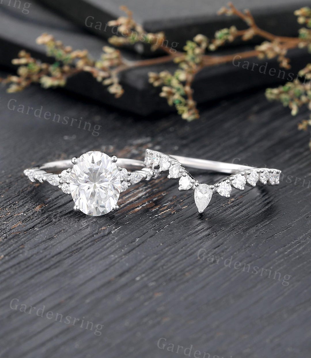 Oval Cut Moissanite Engagement Ring Set Vintage White Gold Half ...