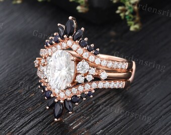 Moissanite Engagement Ring Set Vintage Oval Cut Cluster Ring