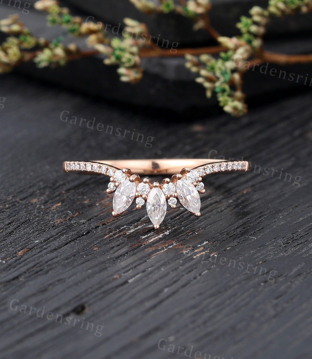 Vintage Moissanite Curved Wedding Band Rose Gold Marquise Cut Dainty ...