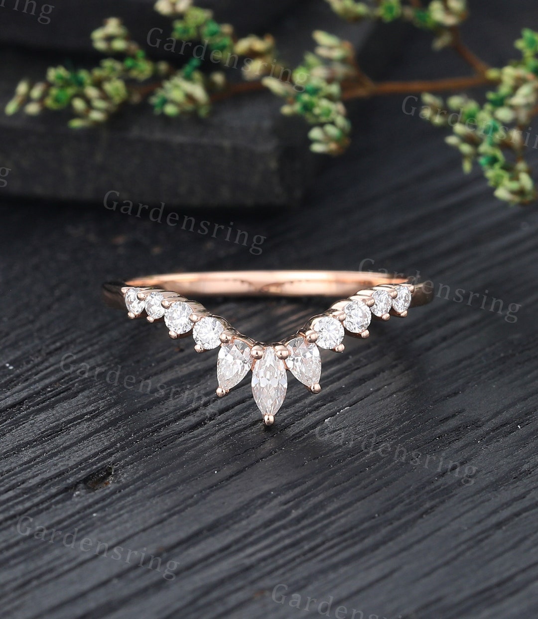 Marquise Cut Moissanite Curved Wedding Band Vintage Rose Gold Half ...