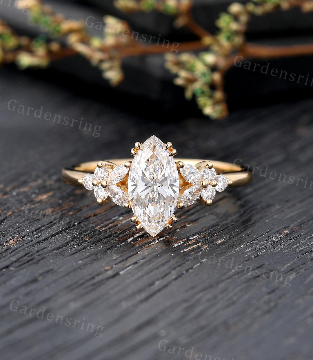 Marquise Cut Lab Grown Diamond Engagement Ring Vintage Solid Gold ...