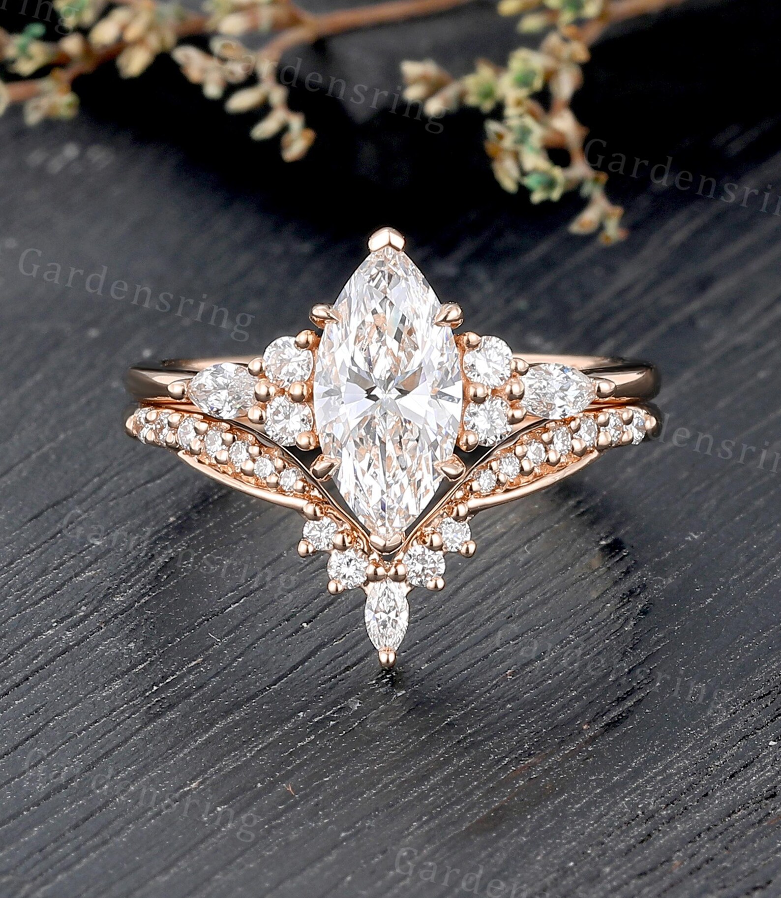 Marquise Cut Lab Grown Diamond Engagement Ring Set Vintage 14k Gold ...