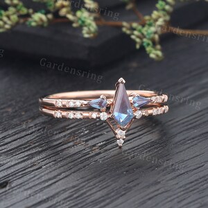 Kite cut Alexandrite engagement ring set Vintage Rose gold Micro pave set dainty Diamond Moissanite wedding ring Bridal Anniversary ring set image 5