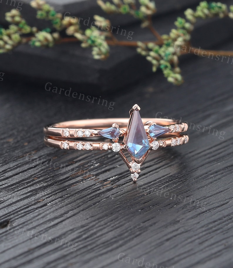 Kite cut Alexandrite engagement ring set Vintage Rose gold Micro pave set dainty Diamond Moissanite wedding ring Bridal Anniversary ring set image 5