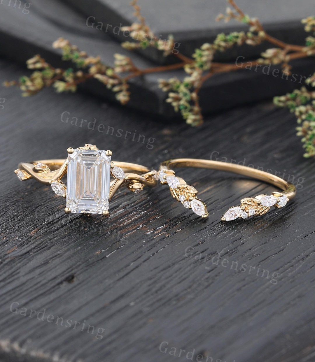 Emerald Cut Lab Grown Diamond Engagement Ring Set 14k Gold Vintage ...