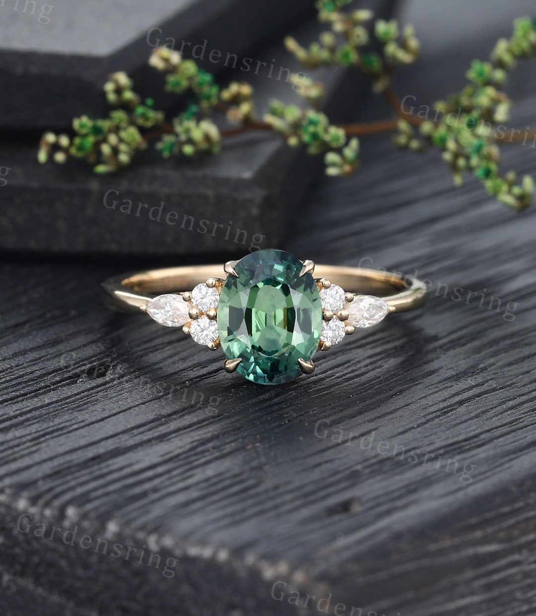 Oval Cut Blue Green Sapphire Engagement Ring Vintage 14k Gold