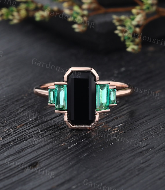 Emerald cut Black onyx engagement ring Unique gemstone ring Rose gold ring Baguette cut Emerald ring Bezel set ring Art deco promise ring