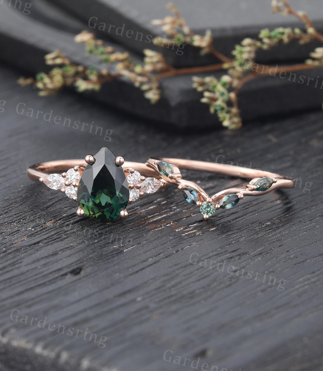 Pear shaped Blue Green sapphire Engagement ring set Vintage rose gold Marquise Moissanite Diamond ring cluster Bridal set Anniversary ring