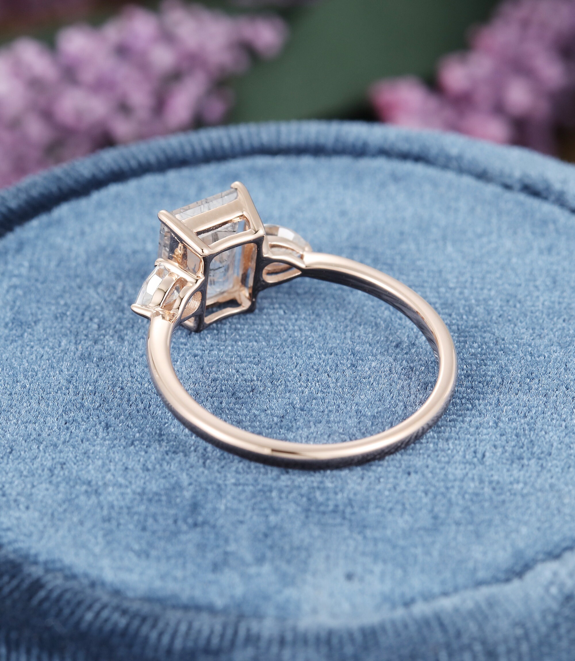 Emerald cut Black Quartz Rutilated Engagement ring rose gold | Etsy
