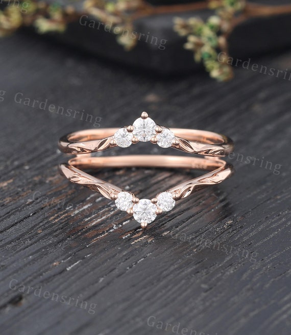 Vintage Moissanite Wedding Band Rose Gold Diamond Curved Wedding