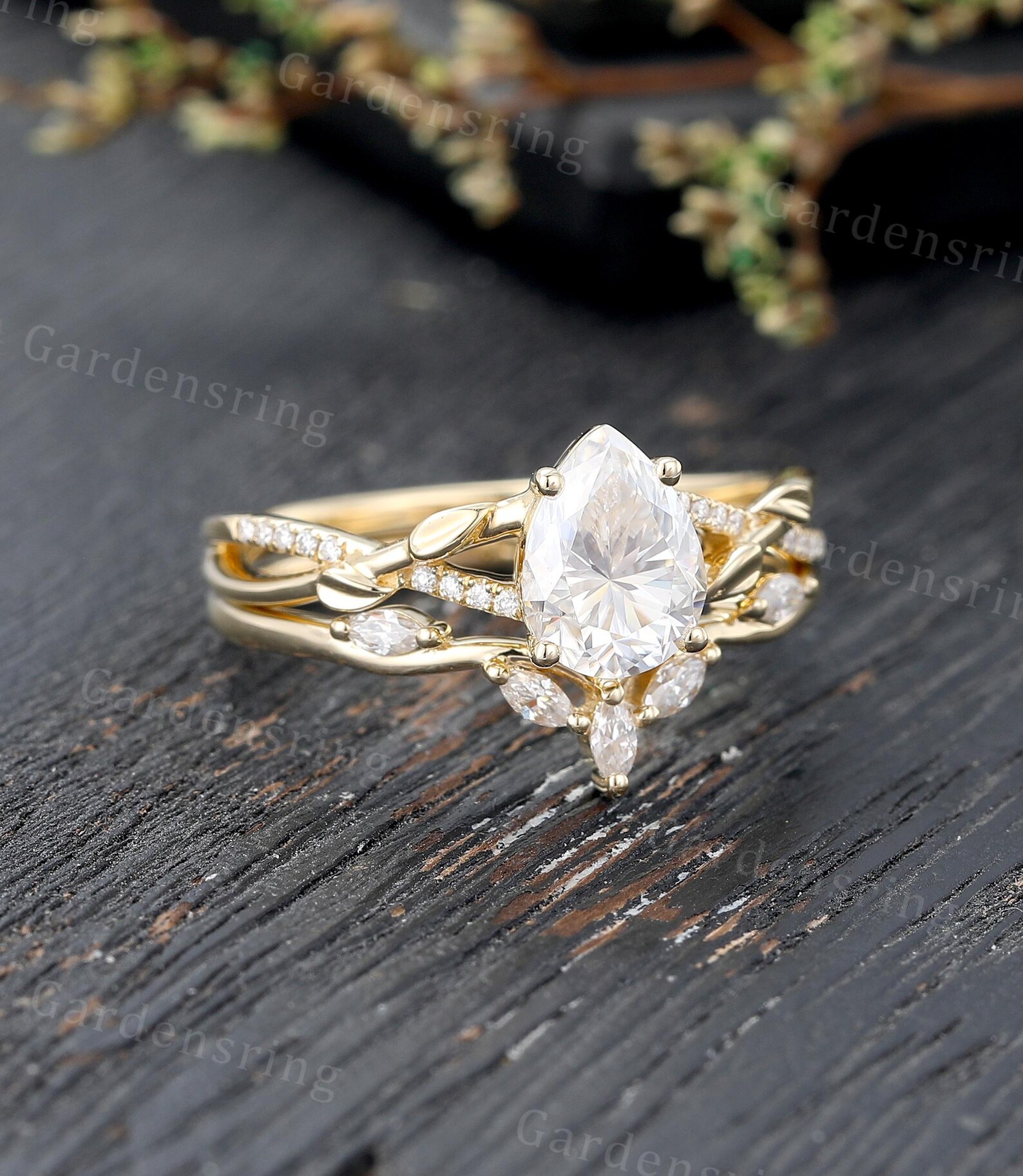 Pear Shaped Moissanite Engagement Ring Set 14k Gold Vintage Marquise ...