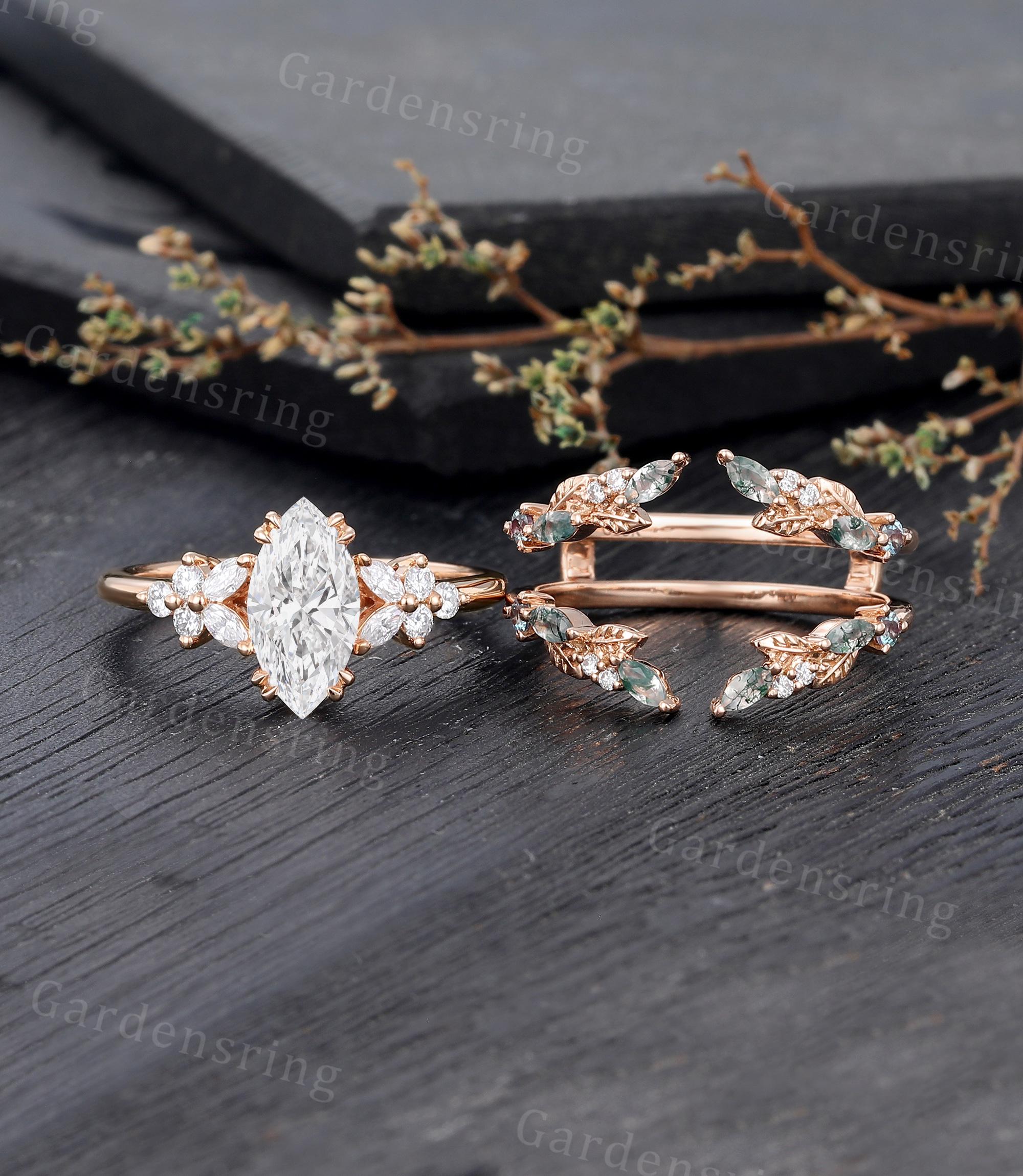 Marquise Cut Lab Diamond Engagement Ring Set Vintage 14k Rose Gold ...
