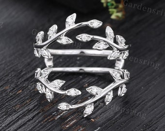 Moissanite wedding band Vintage white gold Diamond curved wedding band Milgrain band Dedicate leaf ring enhancer matching band open band