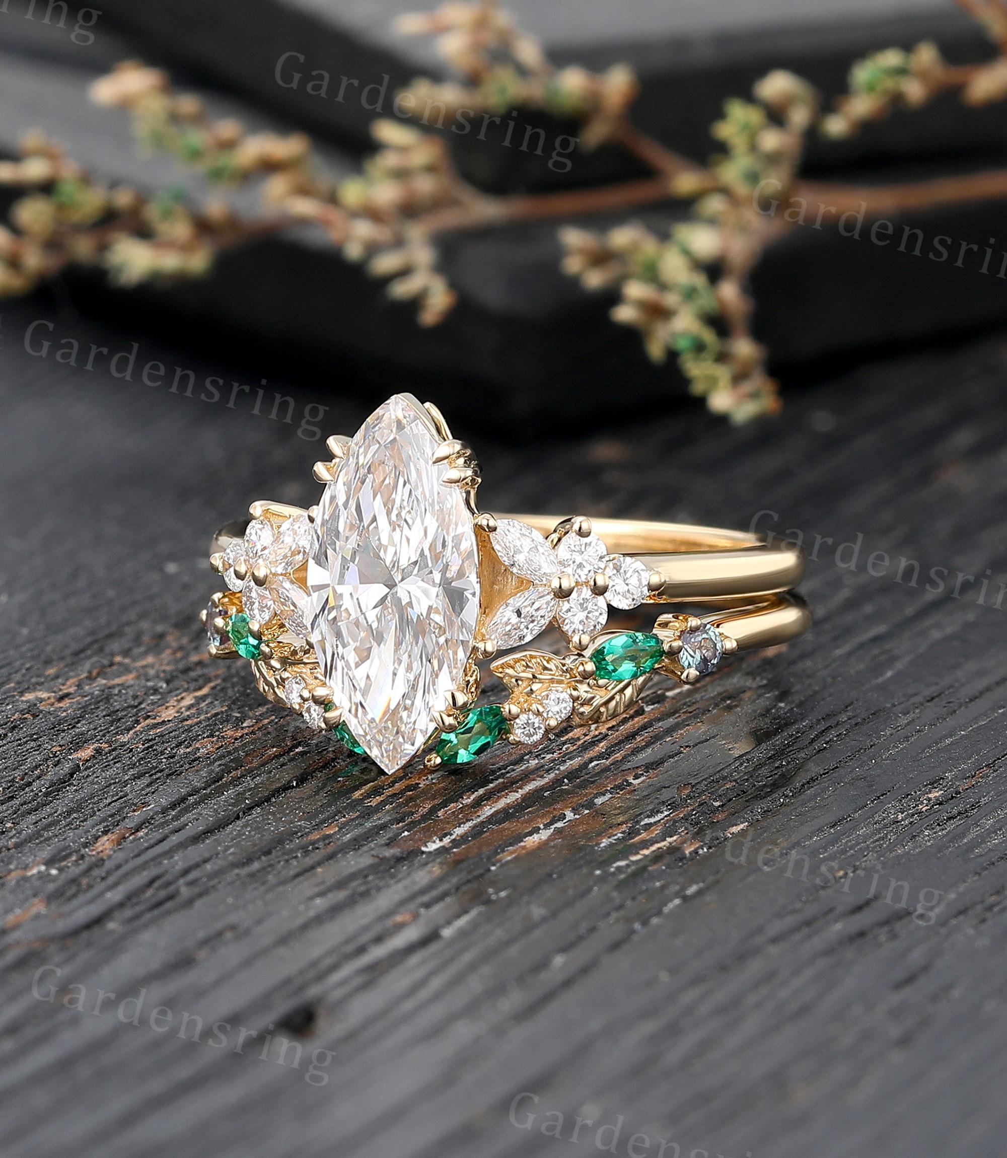 1.5ct Marquise Cut Lab Diamond Engagement Ring Set Vintage 14k Gold ...