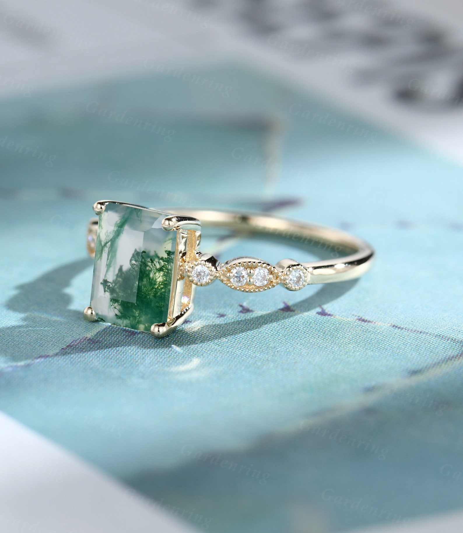 Moss Agate engagement ring Emerald cut yellow gold Unique art | Etsy