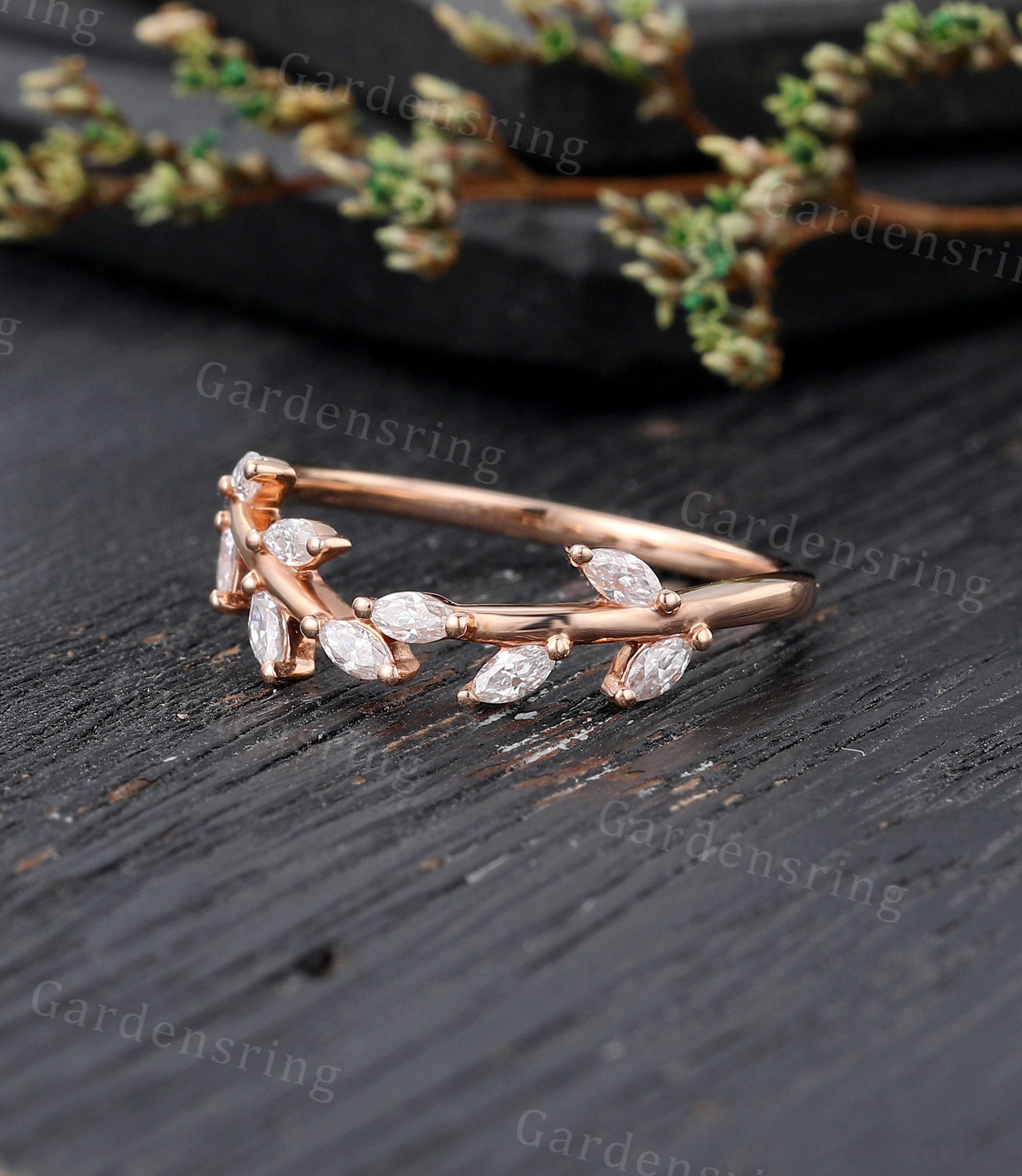 Marquise Cut Moissanite Wedding Band Vintage Rose Gold Curved Wedding ...