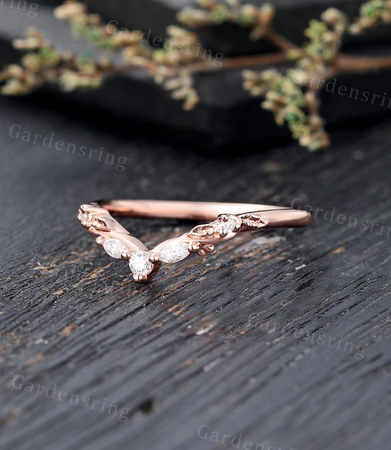 Marquise Cut Moissanite Curved Wedding Band Unique Rose Gold Diamond ...
