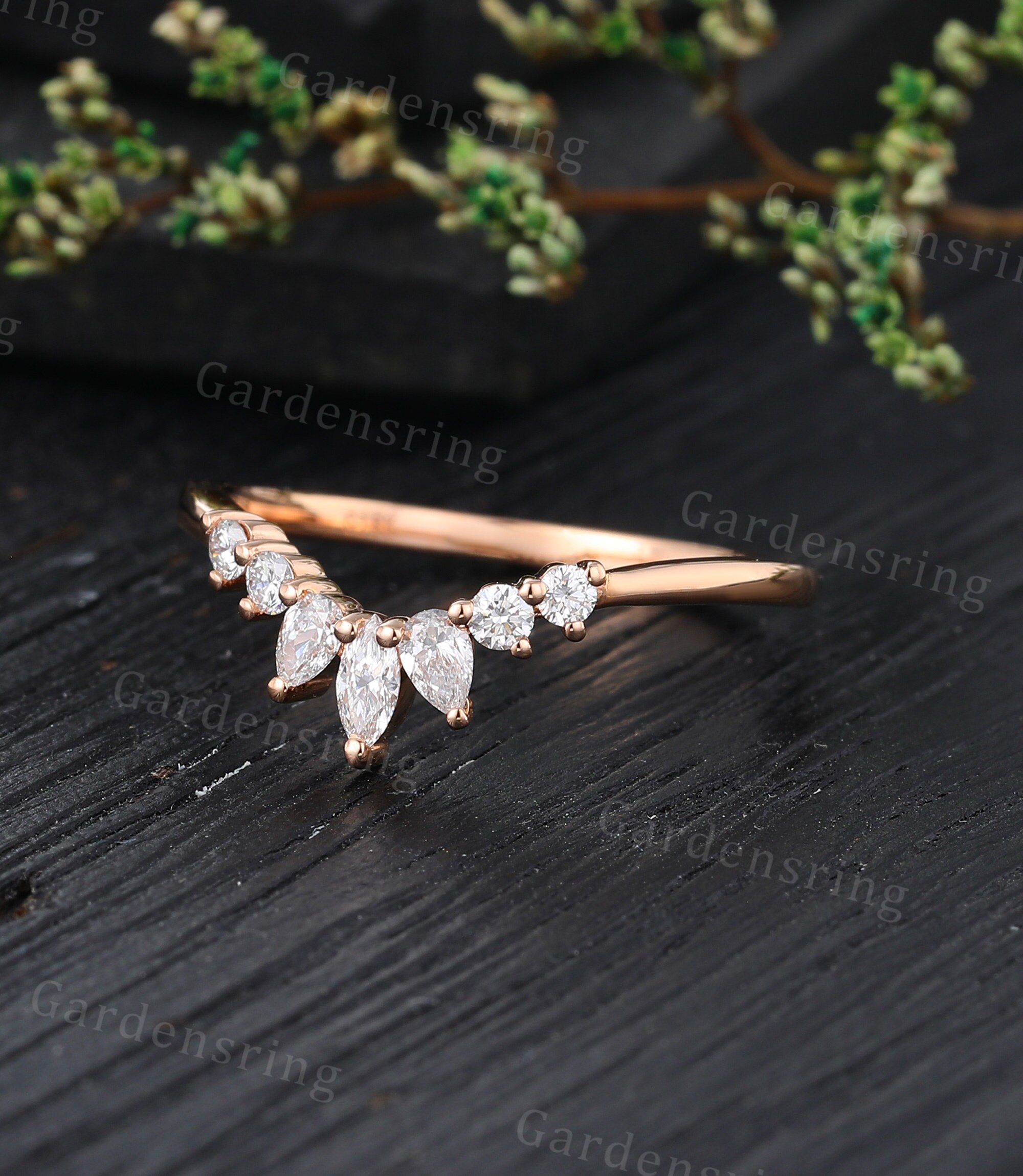 Marquise Cut Moissanite Curved Wedding Band Vintage Rose Gold Diamond ...