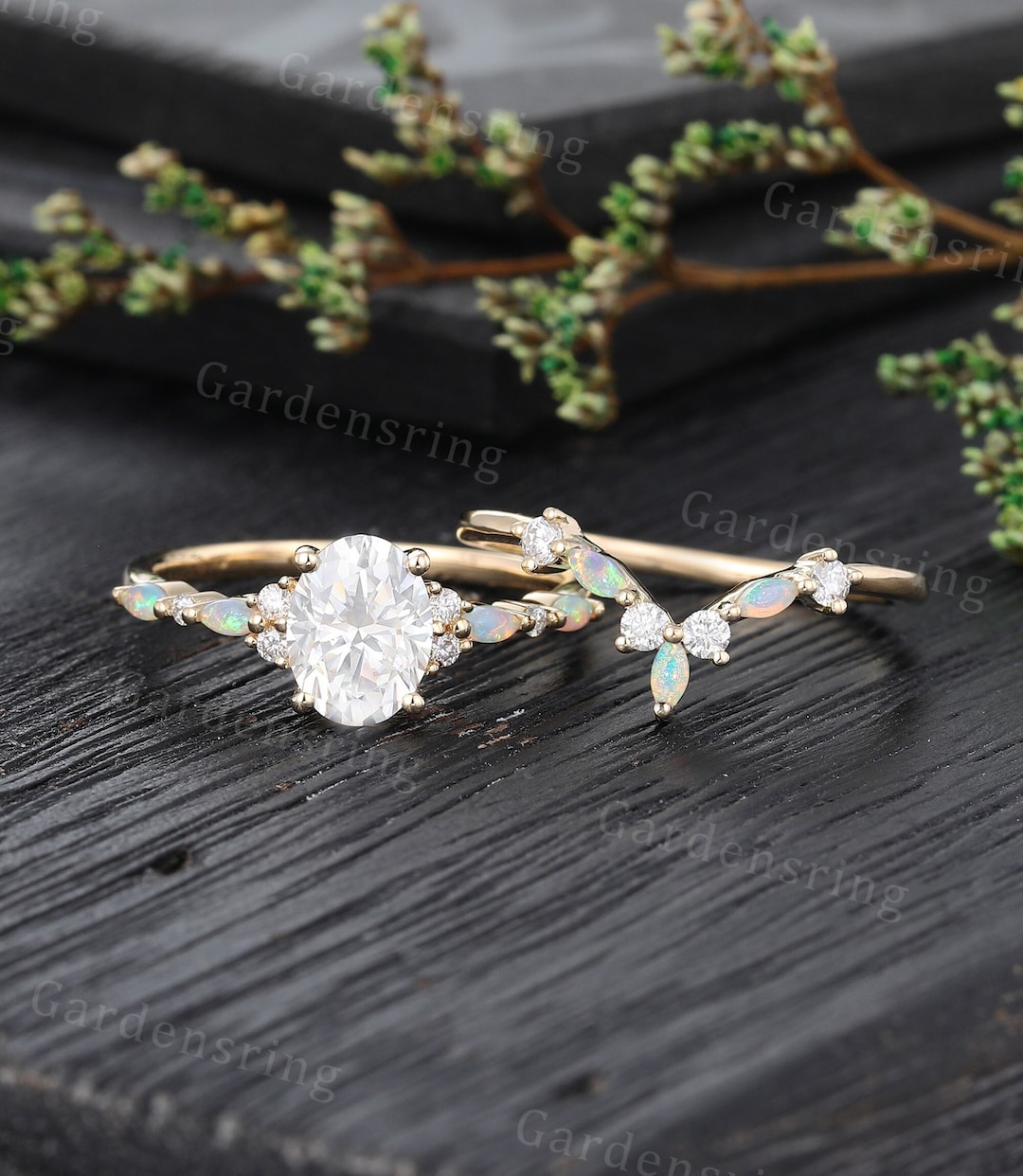 Oval Cut Moissanite Engagement Ring Set 14k Gold Half Eternity Marquise ...
