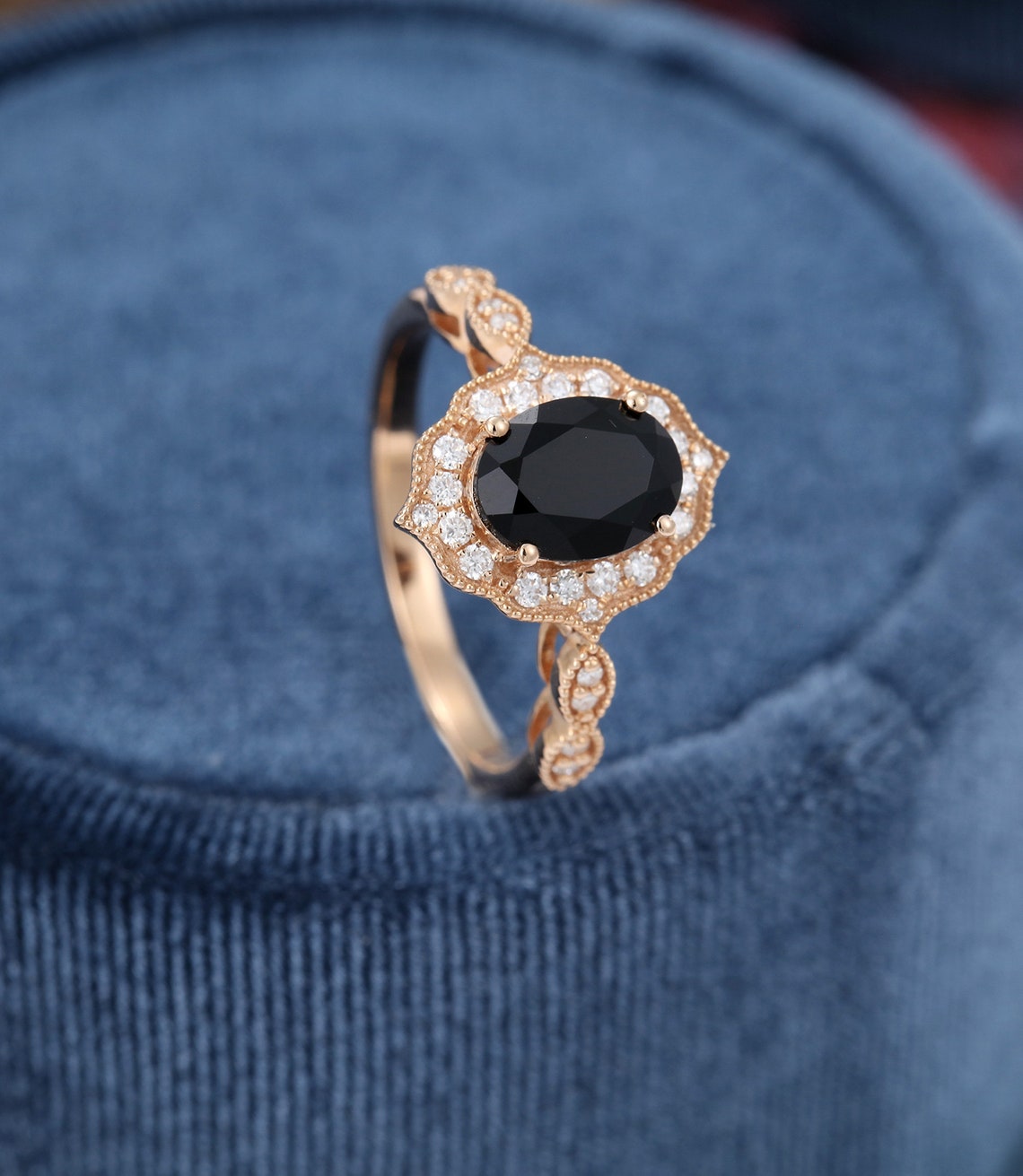 Oval Black onyx engagement ring set vintage unique diamond | Etsy