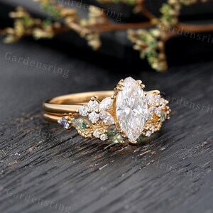 Marquise Cut Lab Diamond Engagement Ring Set Vintage Solid 14k Gold ...