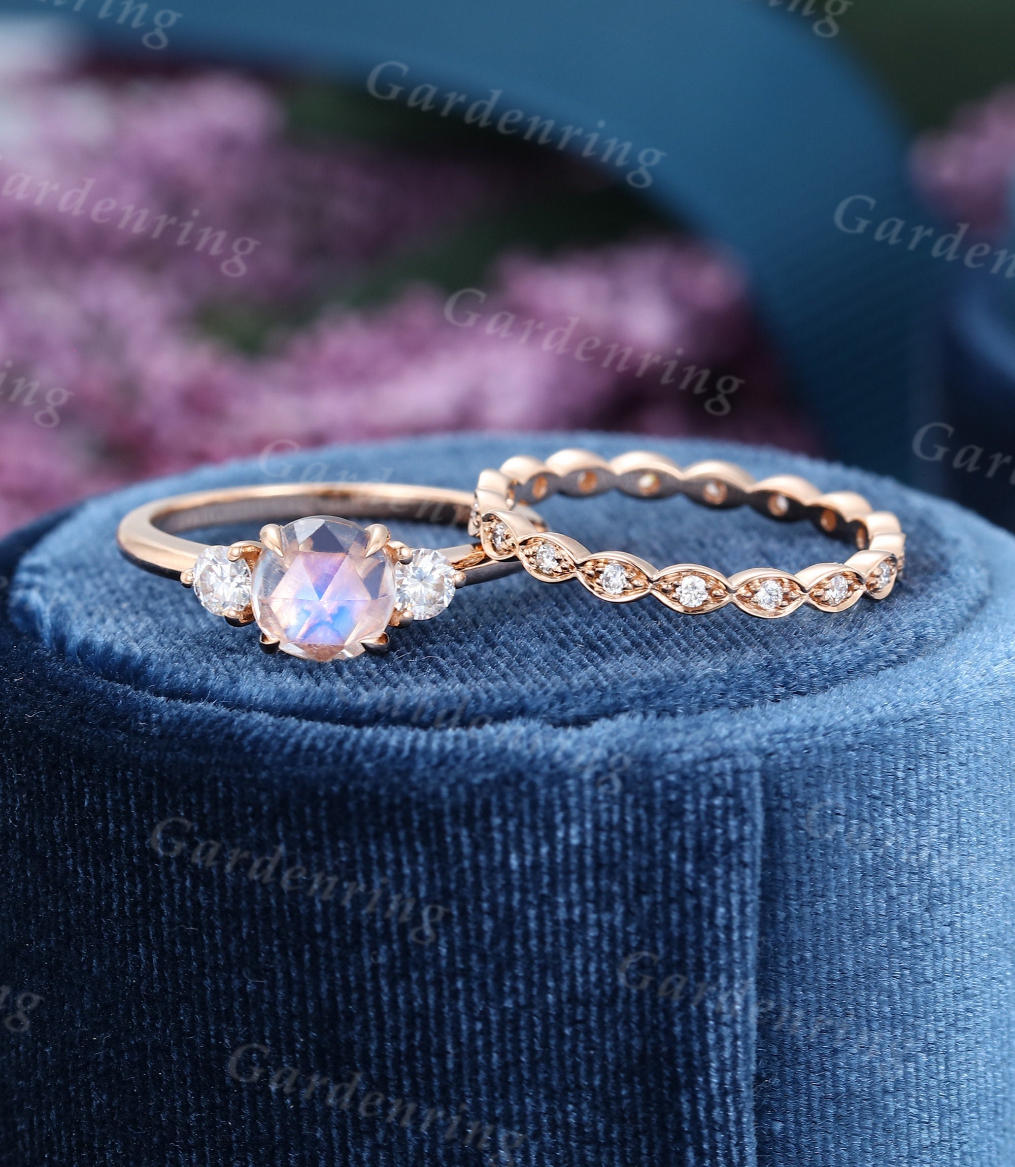 Moonstone Engagement Ring Set Rose Gold Engagement Ring | Etsy
