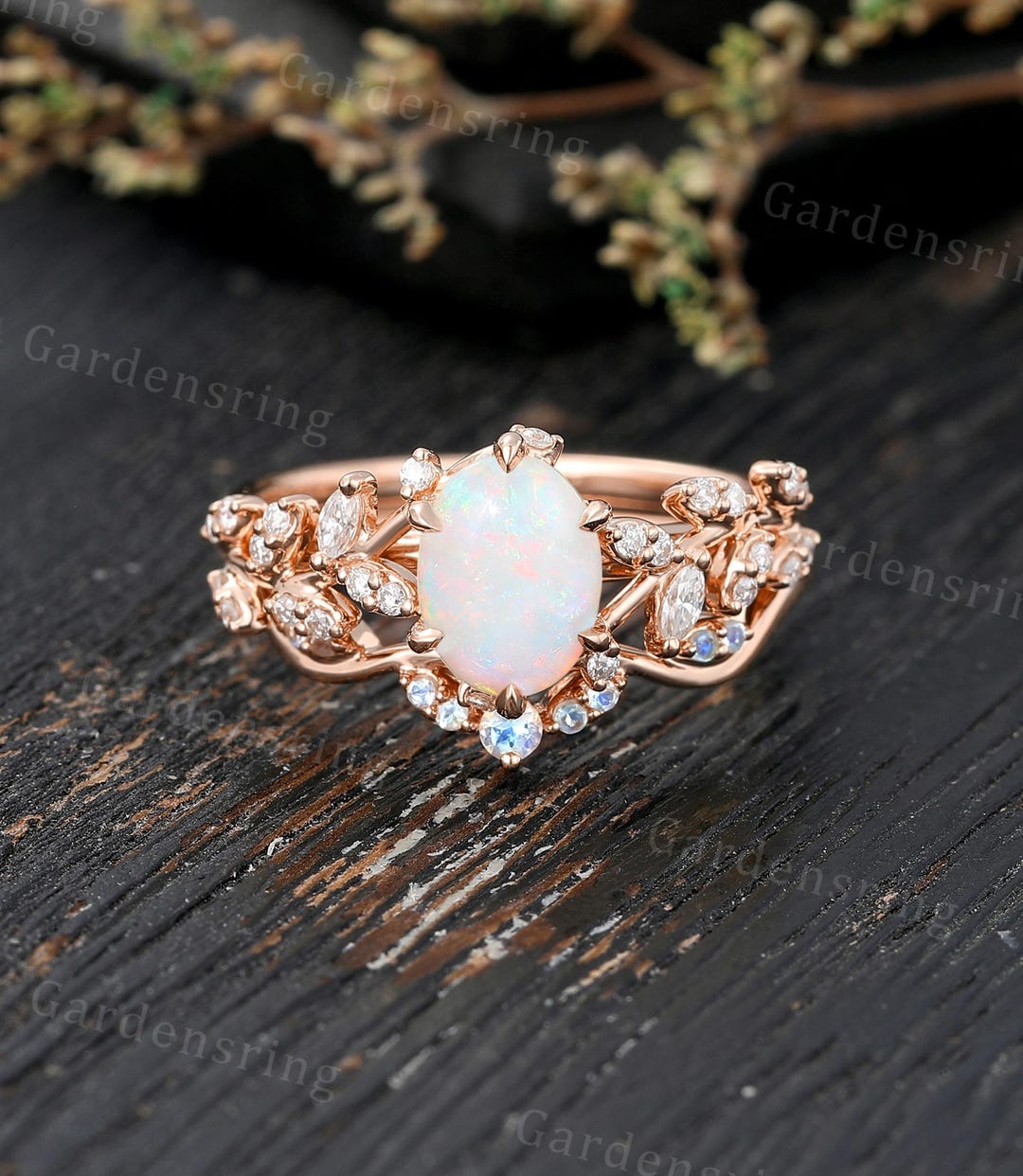 Oval Cut Opal Engagement Ring Set Vintage Solid Gold Marquise Cut ...