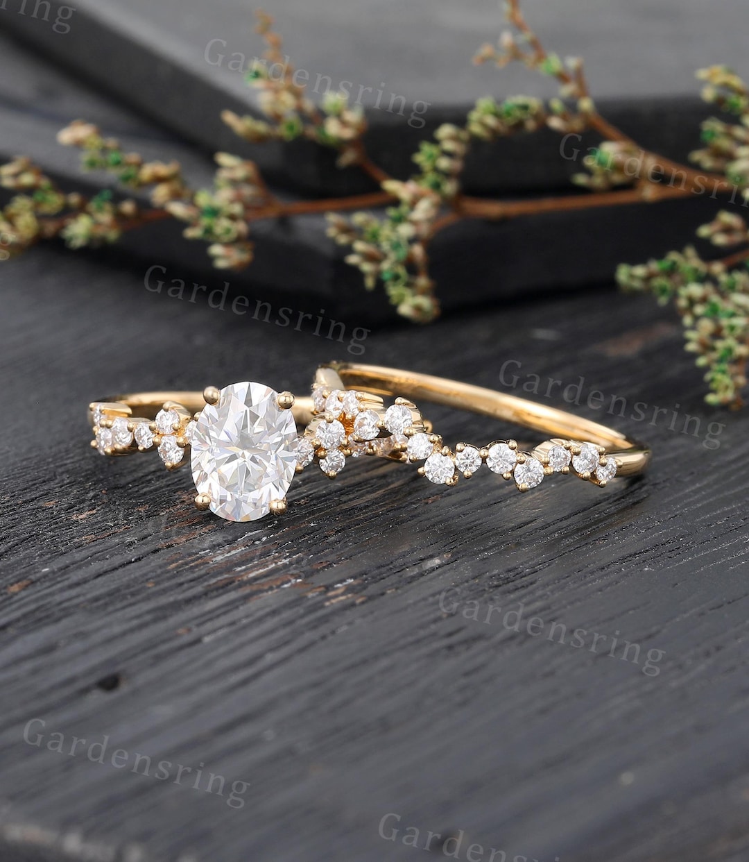 Vintage Moissanite Engagement Ring Set 14k Gold Oval Engagement Ring ...