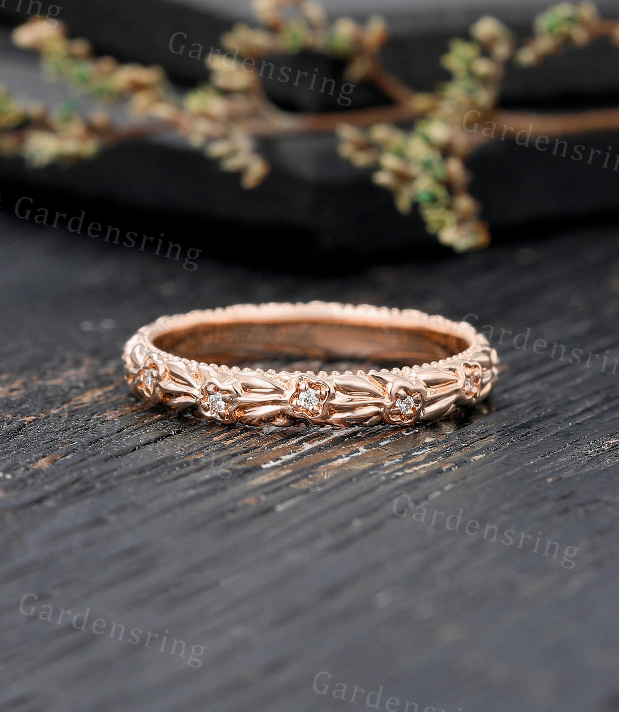 Vintage Filigree Solid 14k Gold Floral Wedding Band Unique Diamond ...