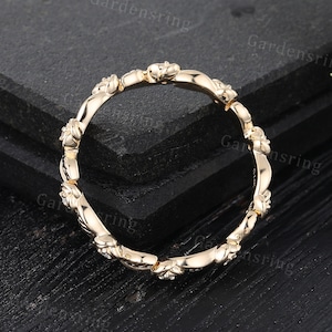 Vintage Solid 14K Yellow Gold Floral Wedding Band Full Eternity Diamond ...