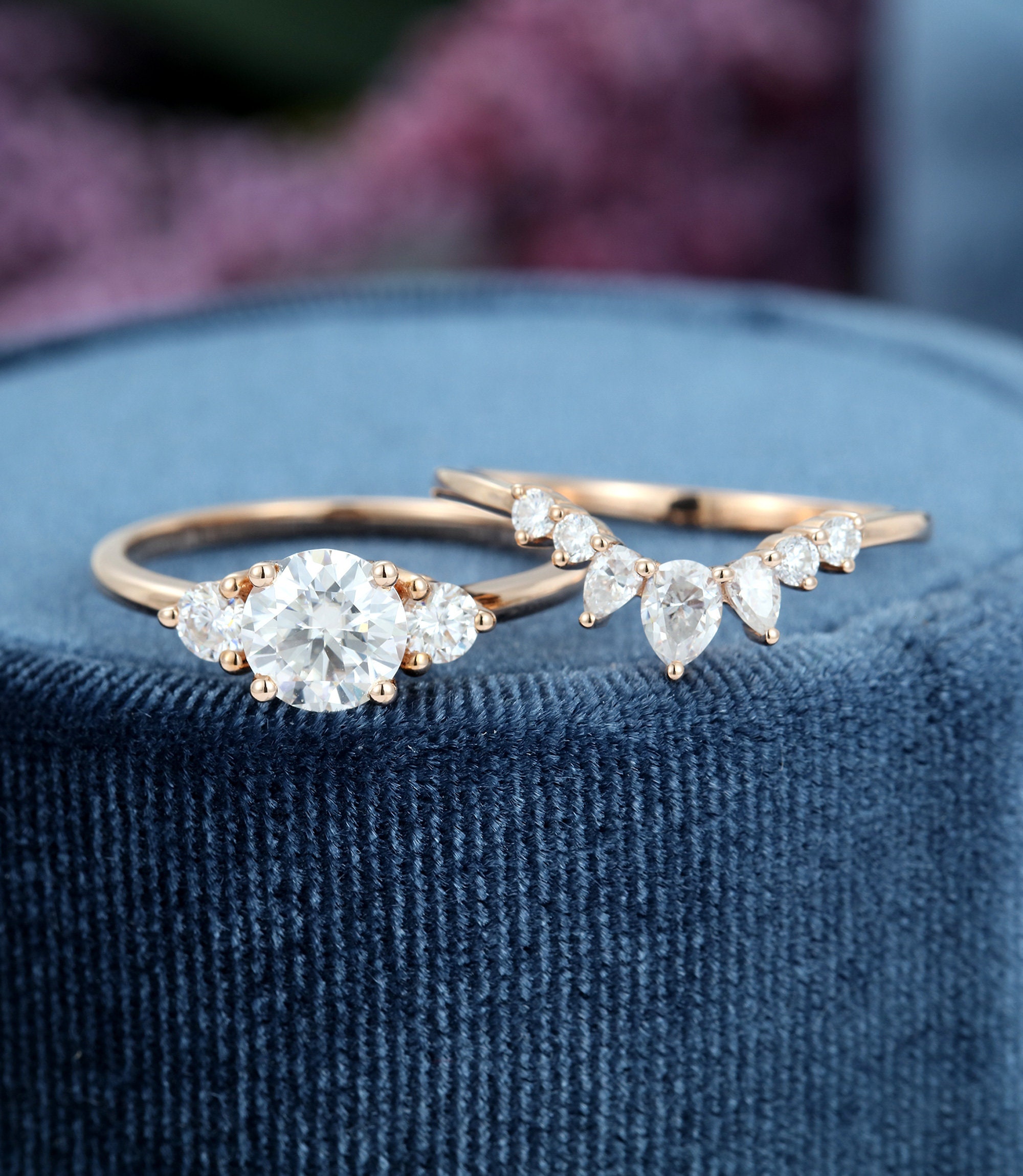 Moissanite Engagement Ring Set Rose gold unique image 0