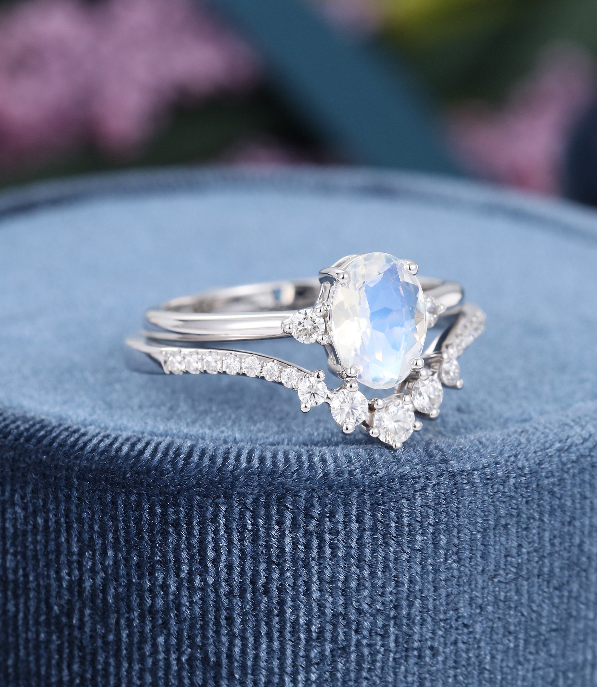 Oval cut Moonstone engagement ring set white gold Unique | Etsy