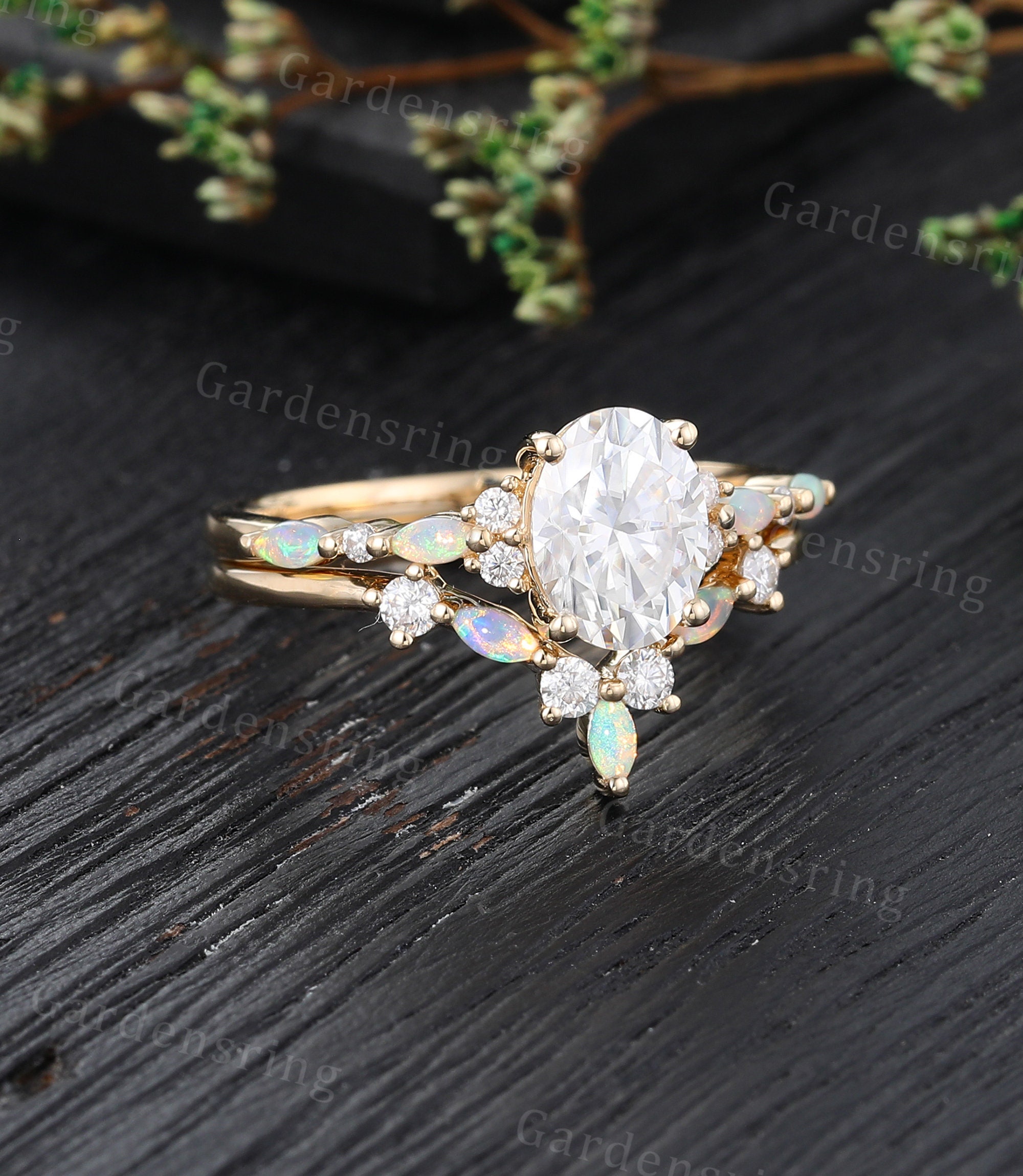Oval Cut Moissanite Engagement Ring Set 14k Gold Half Eternity Marquise ...