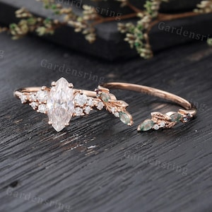 Marquise cut Moissanite engagement ring set Rose gold unique moss agate wedding band cluster vintage Diamond bridal set Anniversary ring