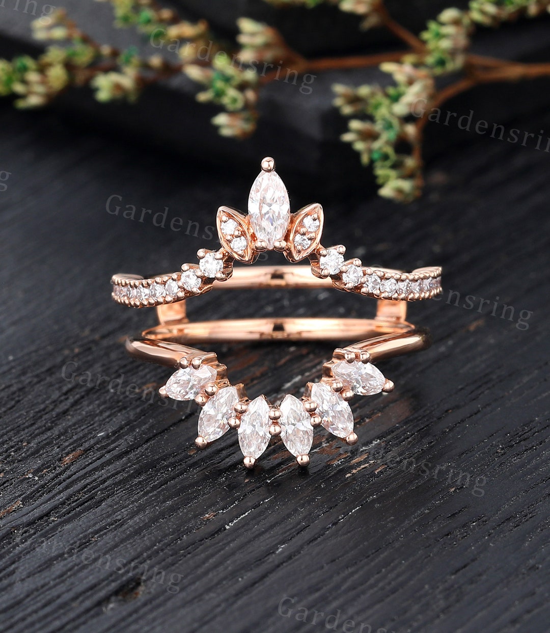 Marquise Cut Moissanite Wedding Band Vintage Rose Gold Enhancer Ring ...