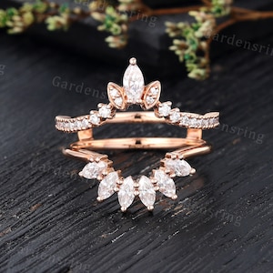Marquise cut Moissanite Wedding Band vintage Rose Gold Enhancer Ring Diamond double band art deco Stacking Matching Anniversary Wedding Ring