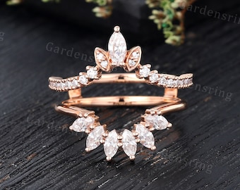 Marquise cut Moissanite Wedding Band vintage Rose Gold Enhancer Ring Diamond double band art deco Stacking Matching Anniversary Wedding Ring