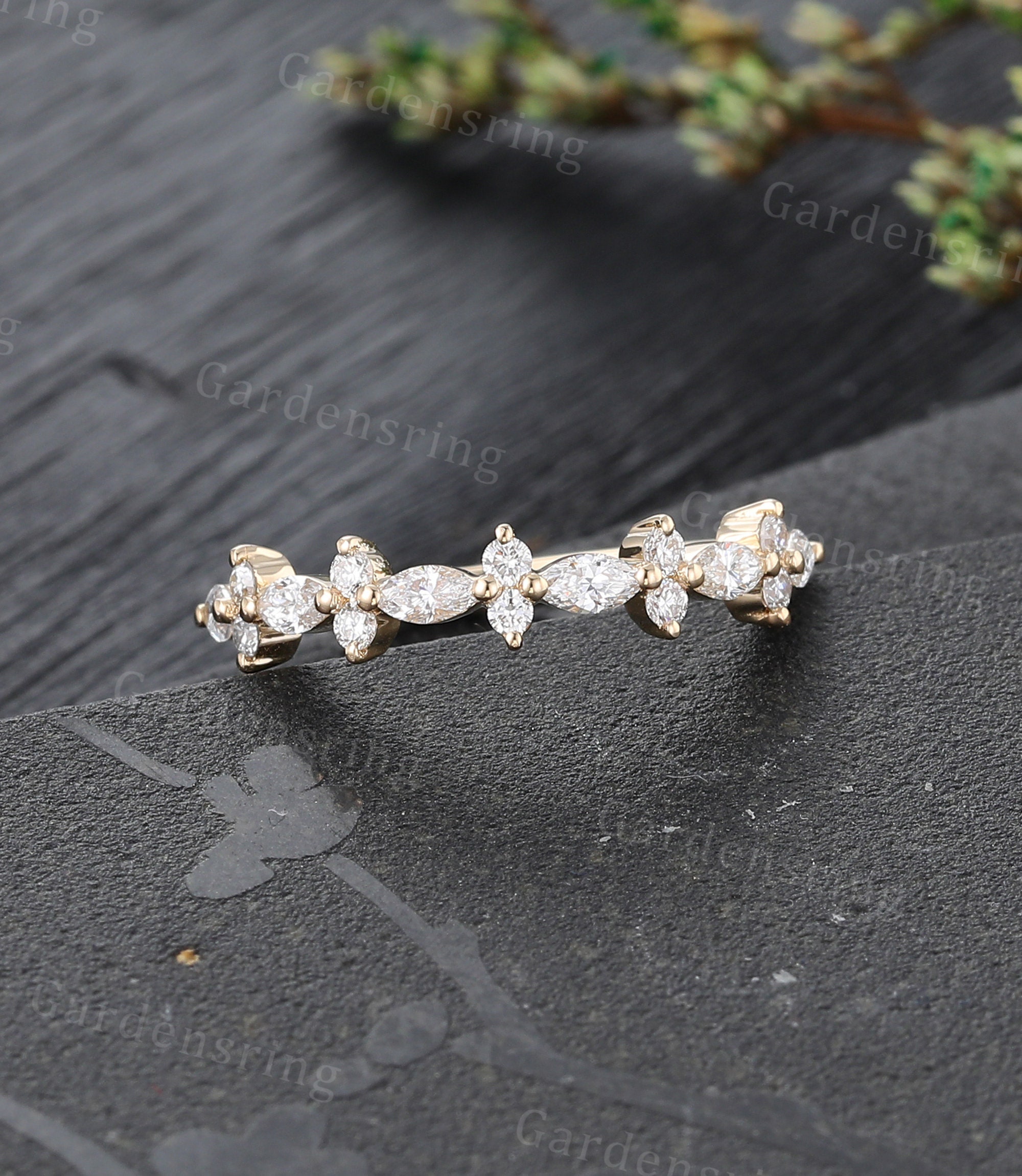 Marquise Cut Moissanite Wedding Band Yellow Gold Stacking Matching Half ...