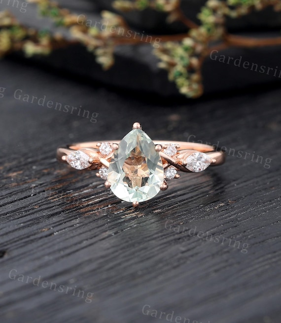 Pear Shaped Green Amethyst Engagement Ring Vintage Rose Gold Ring