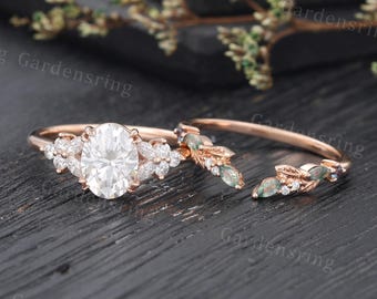 Oval cut Moissanite Engagement ring set Vintage rose gold marquise cut moss agate wedding band unique Cluster Bridal set Anniversary ring