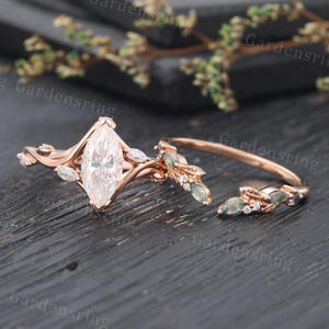 Ensemble de bagues de fiançailles en moissanite taille marquise en or rose, alliance unique en agate mousse, bague feuille promise, bague de fiançailles en diamant, bague d'anniversaire