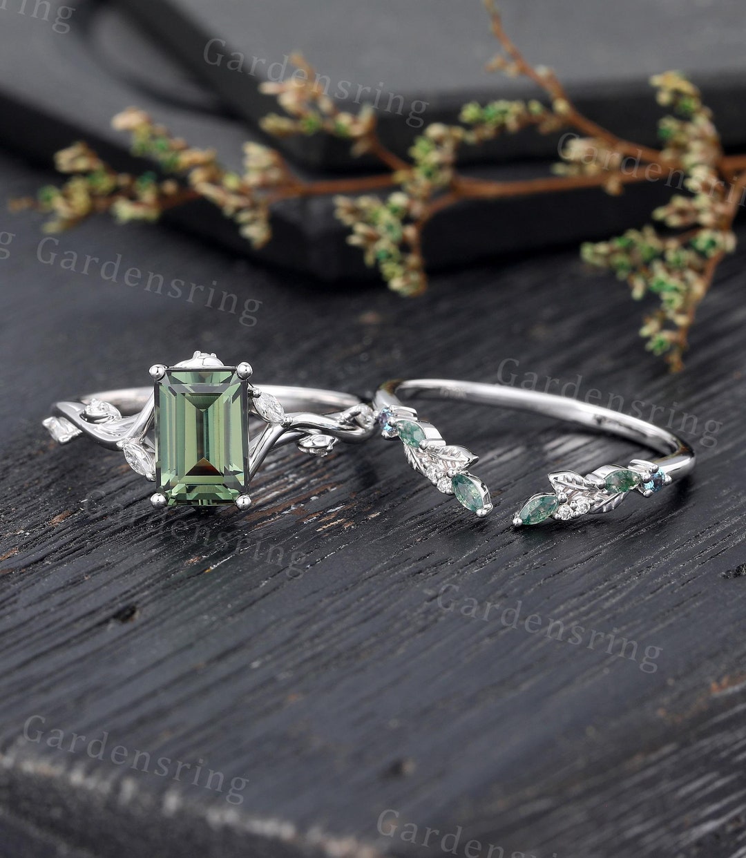 Emerald Cut Green Sapphire Engagement Ring Set White Gold Vintage