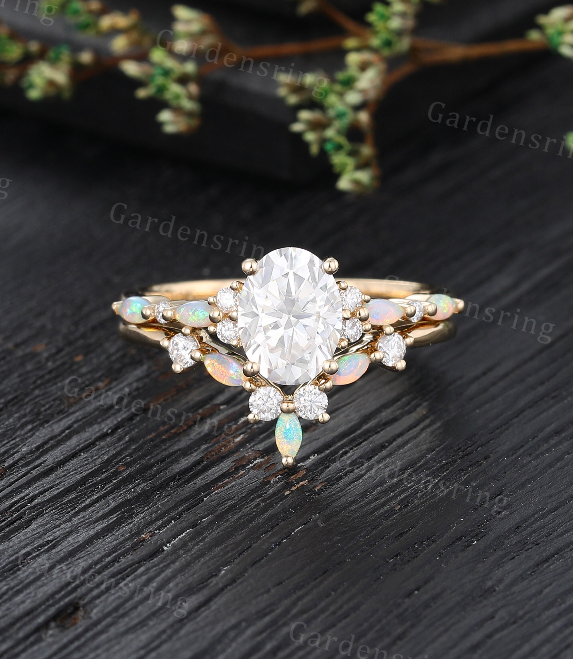 Oval Cut Moissanite Engagement Ring Set 14k Gold Half Eternity Marquise ...