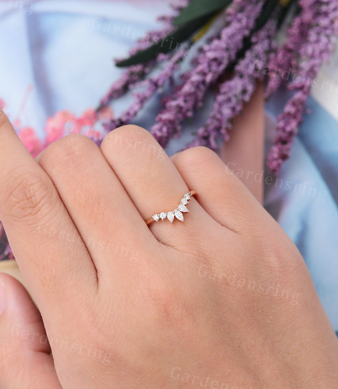 Marquise Cut Moissanite Curved Wedding Band Vintage Rose Gold Diamond ...