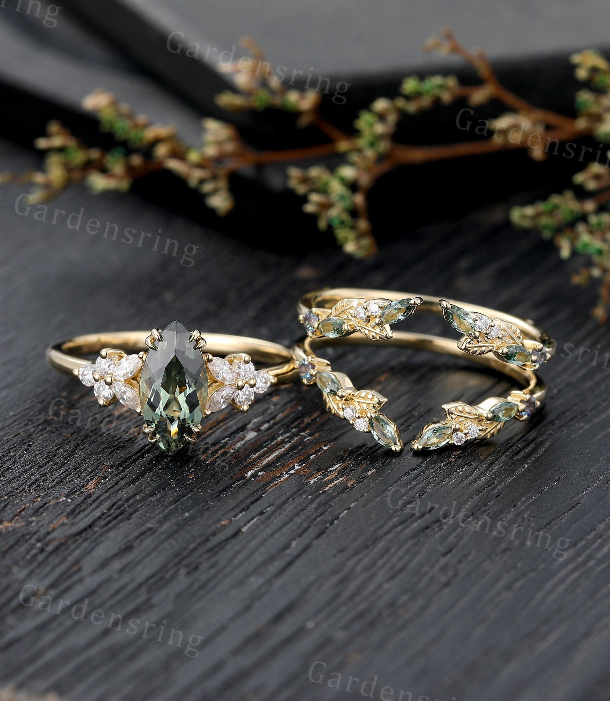 Marquise cut Green Sapphire Engagement ring set Vintage leaf wedding band solid gold enhancer band moissanite Bridal set Anniversary gift